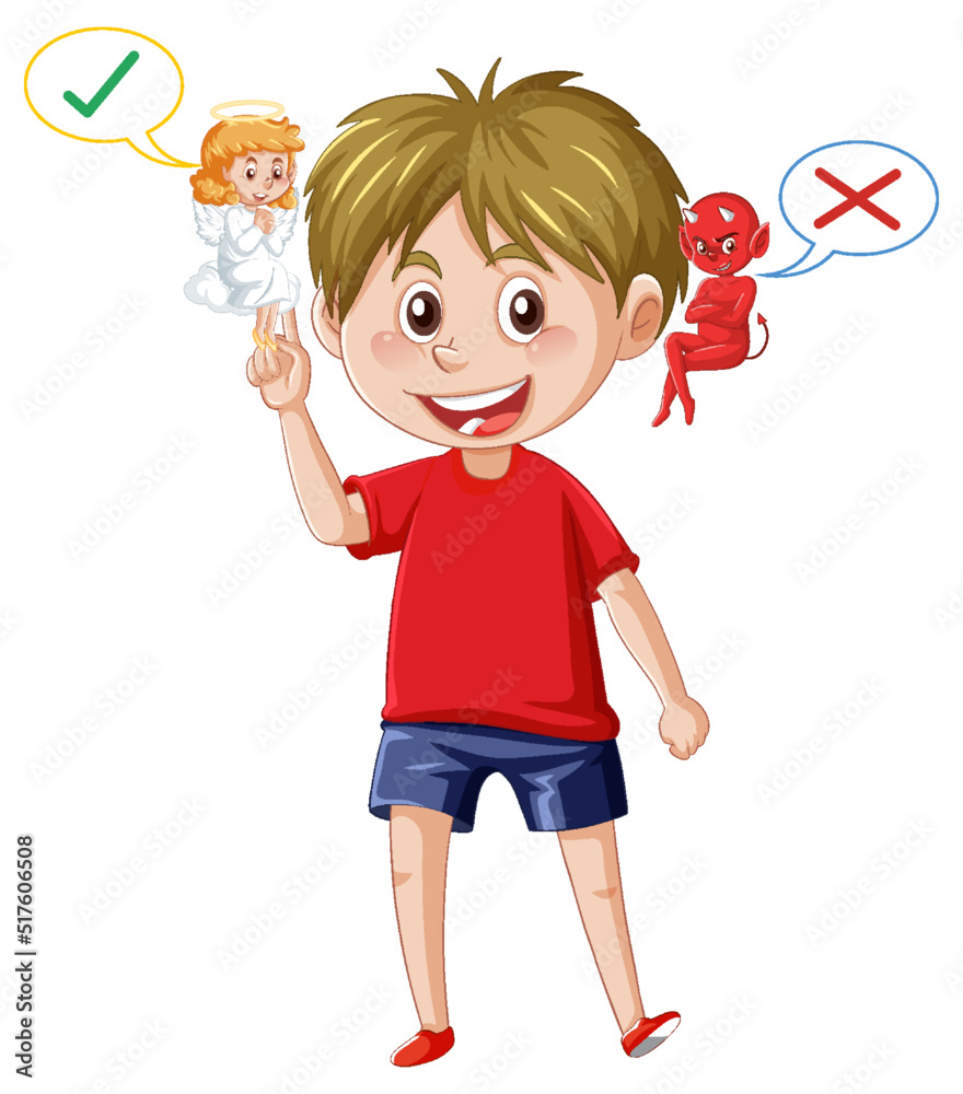 Cartoon character with devil and angel fighting in thought Cartoon character with devil and angel fighting in thought