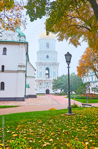 Bell Tower of St Sophia Cathedral in autumn fog, Kyiv, Ukraine photo