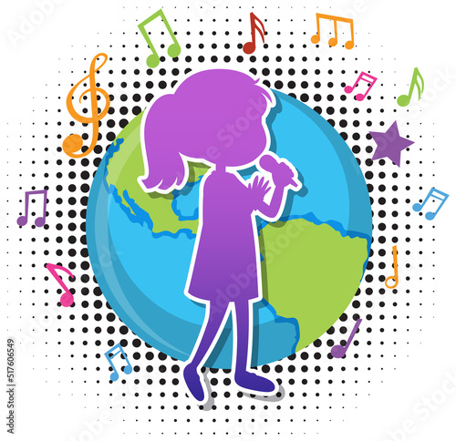 Silhouette girl singing on earth planet