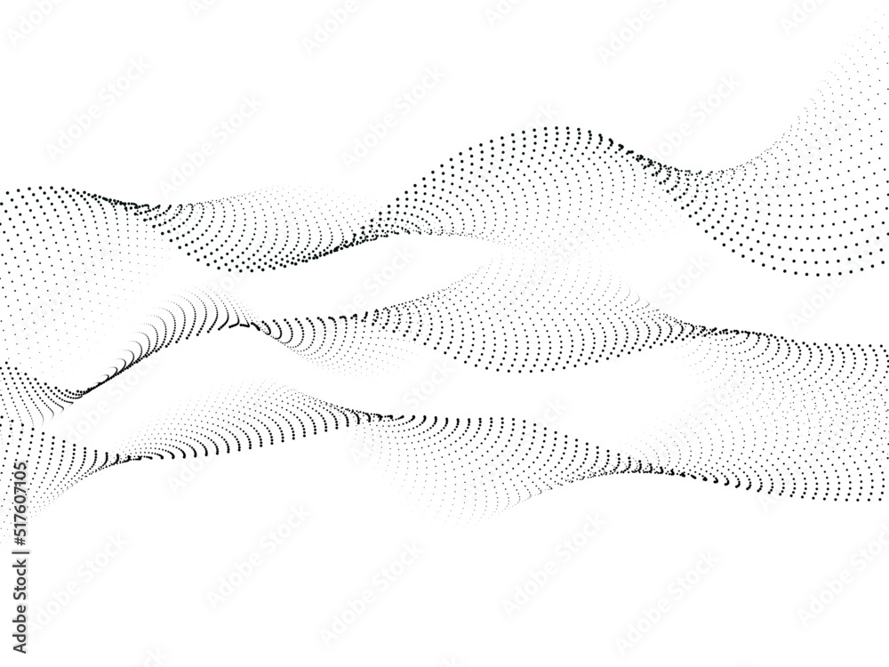 Set of black abstract wavy dotted curved lines, irregular grayscale sound waves. Template for technology banner, presentation. Transparent background. Tech, business concept. Vector illustration.