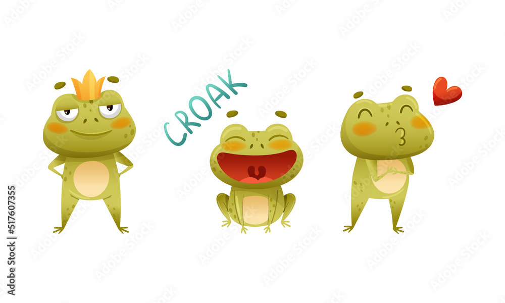 Funny cute frogs set. Lovely green amphibian animal character with funny face vector illustration Funny cute frogs set. Lovely green amphibian animal character with funny face vector illustration