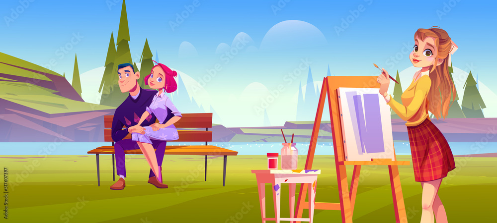 Fototapeta premium Young couple posing for artist girl painting family portrait on easel Girlfriend sit on Boyfriend knees on wooden bench at summer nature landscape, characters relations Cartoon vector illustration