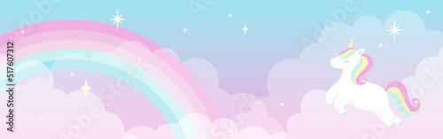 vector background with a rainbow unicorn in cloudy sky for banners, cards, flyers, social media wallpapers, etc.