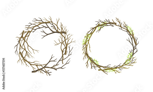 Round frame of twisted branches set. Wreath made of dried branches vector illustration