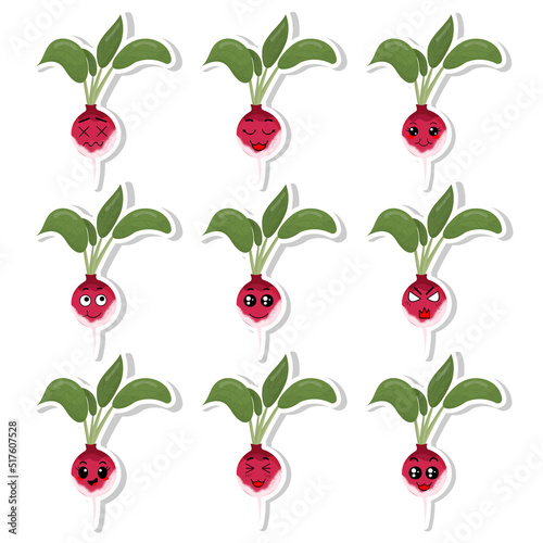 Set of stickers red radish with kawaii emotions. Flat vector illustration of a radish with emotions On a white background.