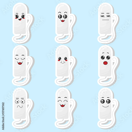 Set of stickers funny tampons with kawaii emotions. Flat vector illustration of tampons with emotions isolated on blue background.