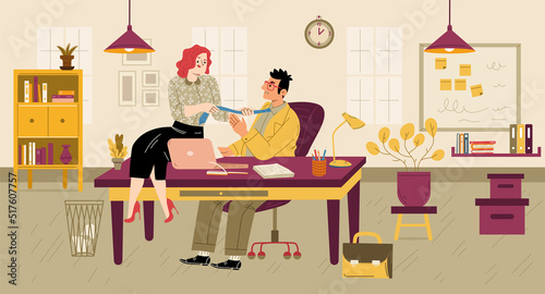 Sexual harassment at work in office. Vector flat illustration of woman sitting on boss table and hold tie of man. Concept of sexual assault, unwanted touches, inappropriate behavior at workplace