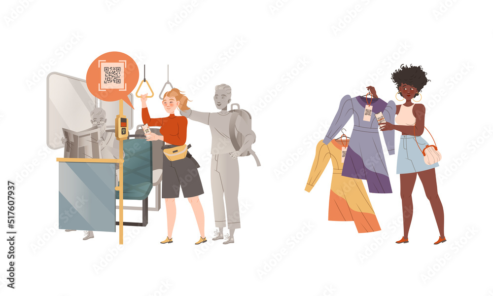 People paying by app on smartphone set. Woman using contactless mobile payment system at bus, girl scanning QR code at price tag at store vector illustration