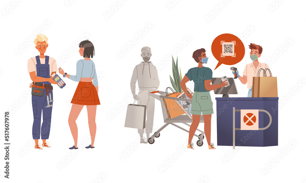 Obraz premium People using contactless mobile payment system at supermarket and paying for locksmith services. People paying by app on smartphone set vector illustration