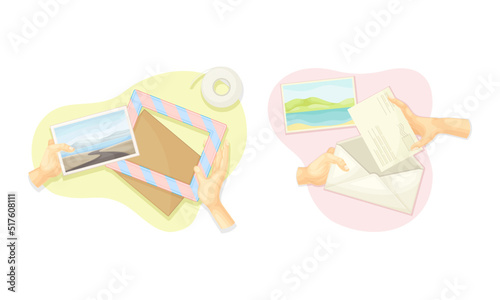 Top view of hands creating crafts set. Hands making photo frame and gift card vector illustration