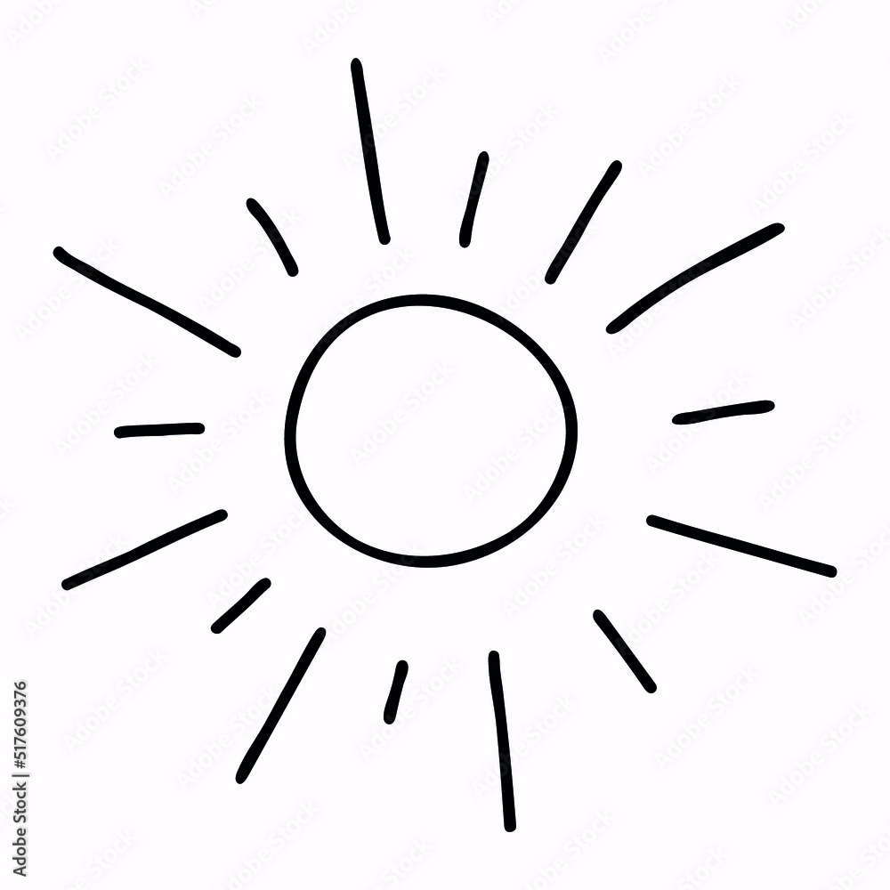 Single hand drawn sun. Doodle vector illustration. Cute element for greeting cards, posters, stickers and seasonal design. Isolated on white background.