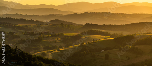 Landscape of the foothills near Nowy Sacz in Poland reminiscent of Italian Tuscany