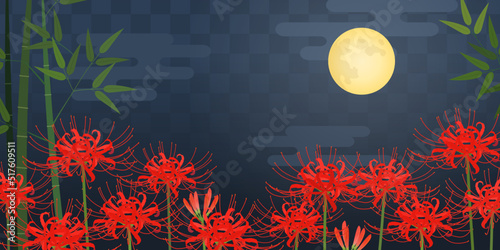 彼岸花と竹藪と満月_背景_和柄（2：1）_ベクターイラスト