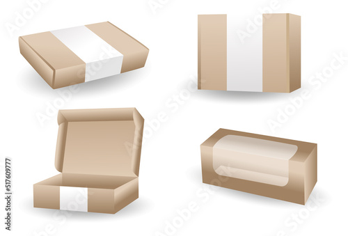 stock vector set packaging paper box for branding. open and closed cardboard box with white paper

