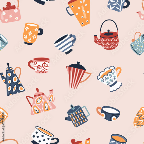 Seamless pattern made with colorful pots and cups. Tea or coffee time. Retro vibes.
