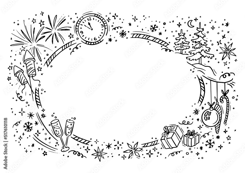 New year party doodle frame in white background. Horizontal chalkboard Vector illustration New year party doodle frame in white background. Horizontal chalkboard Vector illustration