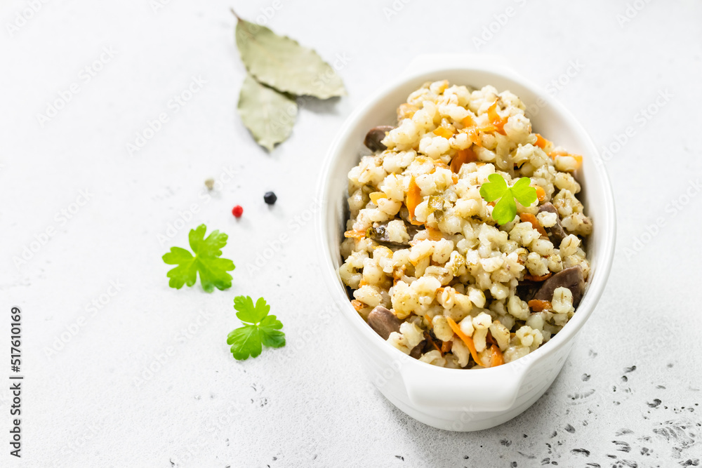 Healthy dish, barley with vegetables and chicken. Top view, copy space, flat lay. Healthy dish, barley with vegetables and chicken. Top view, copy space, flat lay.