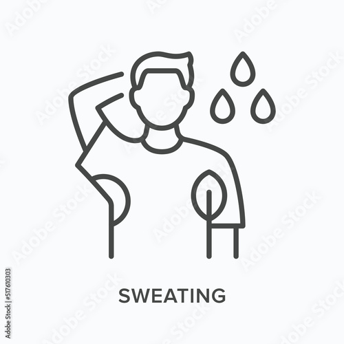 Sweating flat line icon. Vector outline illustration of man with odor. Black thin linear pictogram for illness symptom