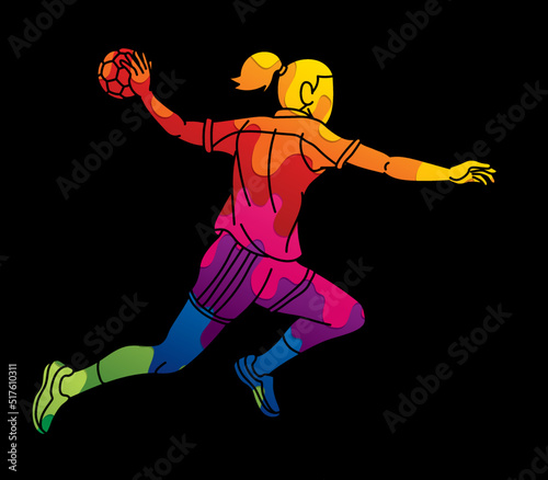 Handball Sport Female Player Action Cartoon Graphic Vector
