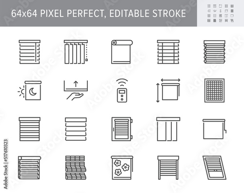 Window blinds line icons. Vector illustration include icon - mosquito net, roller, automatic motorized rolls, measuring, solar outline pictogram for jalousie. 64x64 Pixel Perfect, Editable Stroke