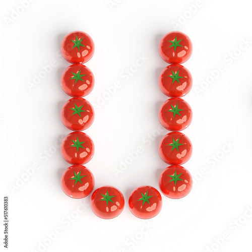 Capital letter U from pomodoro kitchen timer. Font from shiny red plastic tomato timers. White background. Bright font for menu or food blog. 3d illustration. Lettering design element. Initial cap