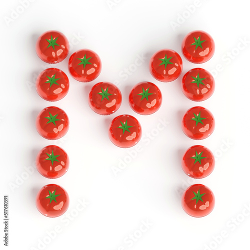 Capital letter M from pomodoro kitchen timer. Font from shiny red plastic tomato timers. White background. Bright font for menu or food blog. 3d illustration. Lettering design element. Initial cap