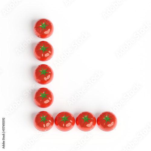 Capital letter L from pomodoro kitchen timer. Font from shiny red plastic tomato timers. White background. Bright font for menu or food blog. 3d illustration. Lettering design element. Initial cap