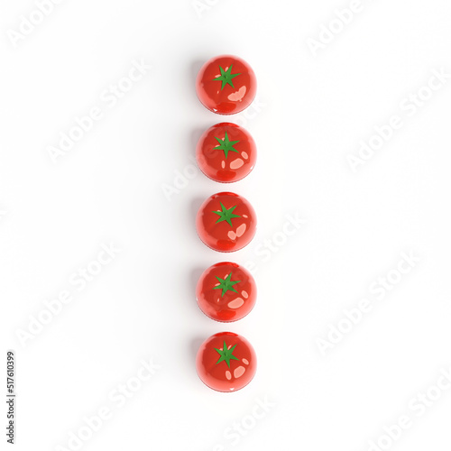 Capital letter I from pomodoro kitchen timer. Font from shiny red plastic tomato timers. White background. Bright font for menu or food blog. 3d illustration. Lettering design element. Initial cap