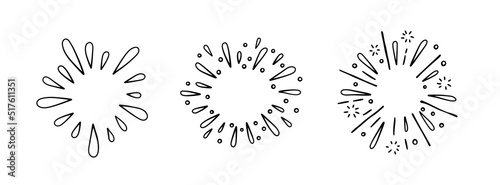Hand drawn firework. Star burst. Sunburst doodle icon. Hand drawn explosion frame. Sparkles set with radial lines. Explosion vintage effects. Vector illustration isolated on white background.