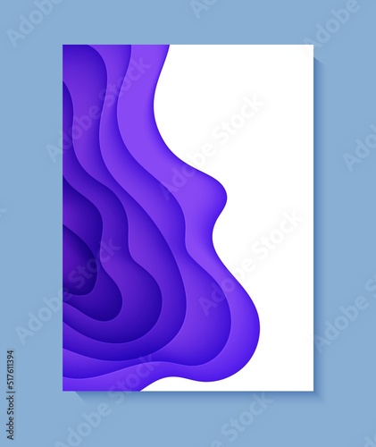 Abstract background in paper cut style. 3d white and purple colors waves with smooth shadow. Vector illustration with layered curved line shape. Rectangular composition of liquid layers in papercut.