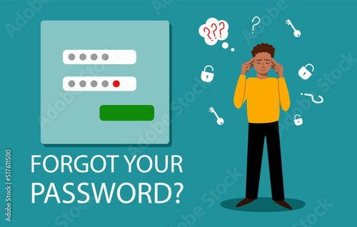 An African-American man forgot her personal details. the concept of a web screensaver with a forgotten password, account protection, a warning about danger, an incorrect password. Vector illustration