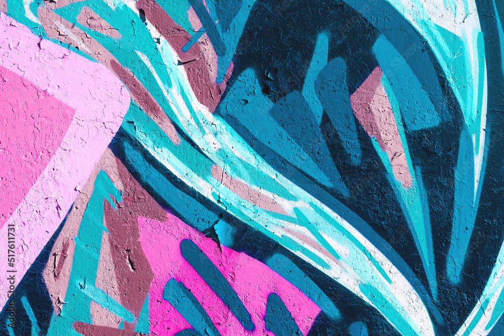 Naklejka premium Closeup of colorful teal, pink and purple urban wall texture. Modern pattern for wallpaper design. Creative modern urban city background for advertising mockups. Minimal geometric style, solid colors