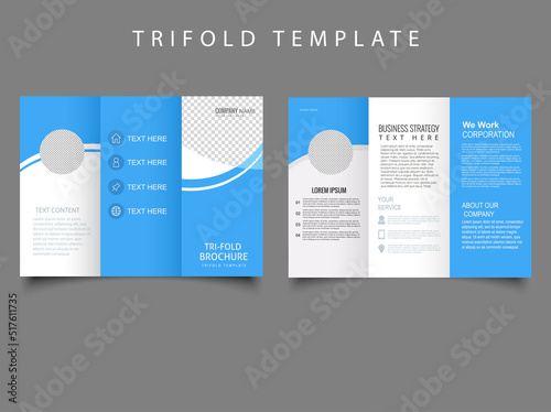 Business blue trifold leaflet brochure template design. Vector graphics.