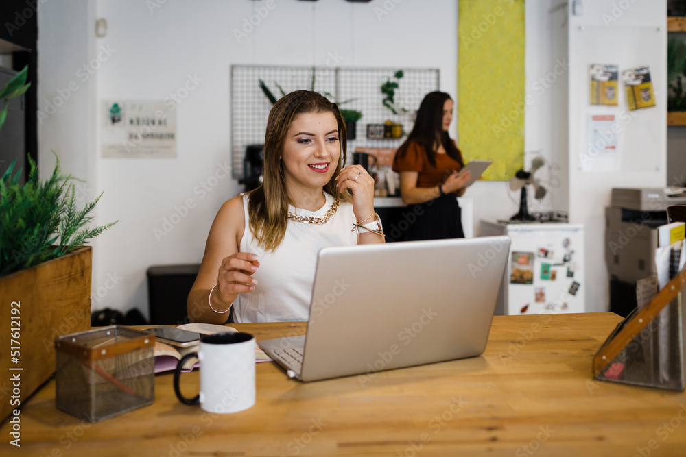 Happy businesswoman working on laptop in office Happy businesswoman working on laptop in office