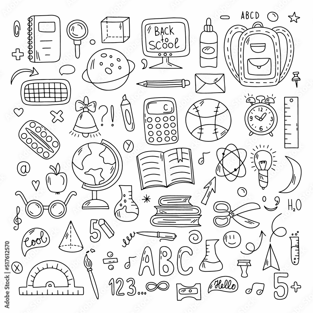Naklejka premium School and education doodles hand drawn vector symbols and objects. Illustration in black and white for your design