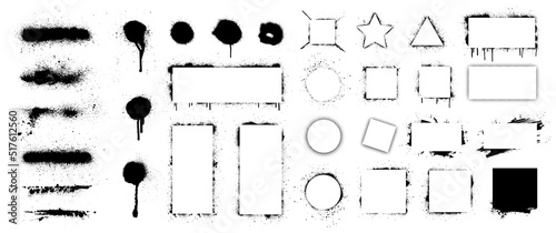 Spray grunge with frame border. Dirty artistic design elements, boxes, frames for text. Graffiti texture spray. Stencil border grunge. Circle, square, triangle, rectangle - Graffiti contour forms.