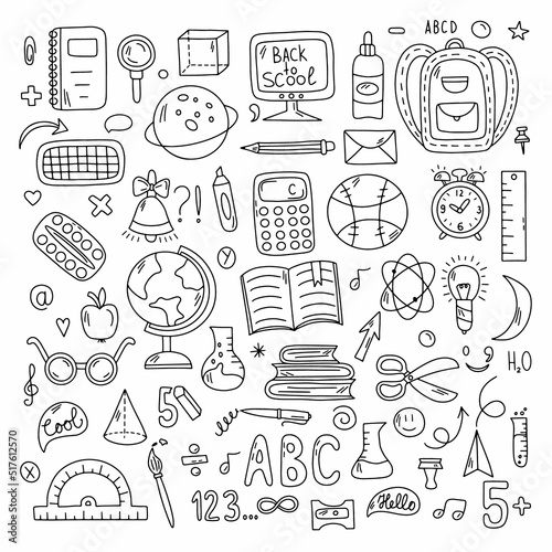 School and education doodles hand drawn vector symbols and objects. Illustration in black and white for your design