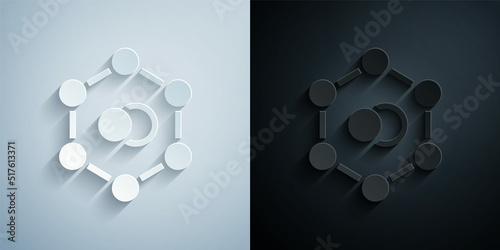 Paper cut Molecule icon isolated on grey and black background. Structure of molecules in chemistry, science teachers innovative educational poster. Paper art style. Vector