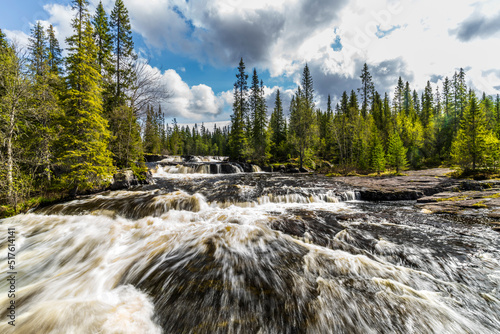 Sweden, Dalarna, Long exposure of Fjatfallen waterfall photo