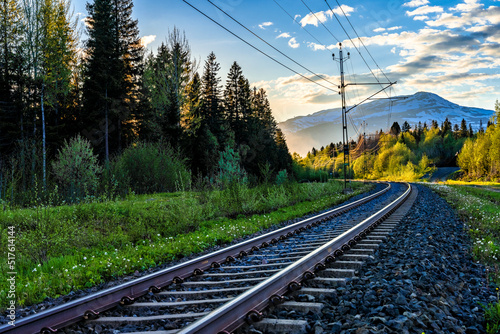Sweden, Jamtland County, Are, Empty railroad tracks at dawn with forested landscape in background photo