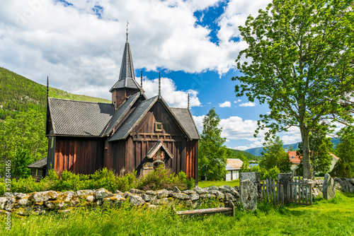 Norway, Viken, Nore, Facade of medieval stave church in summer photo