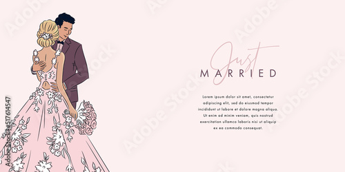Wedding horizontal banner design template. Cute young married couple fashion beautiful bride with bouquet. Hand drawn vector illustration