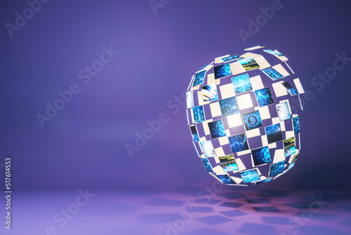 Abstract digital image gallery sphere with bitcoin and metaverse concepts on purple background with mock up place for your advertisement. Cryptocurrency and future concept. 3D Rendering.
