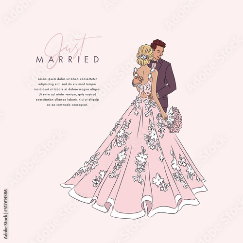 Wedding square banner design template. Cute young married couple fashion beautiful bride with bouquet. Hand drawn vector illustration