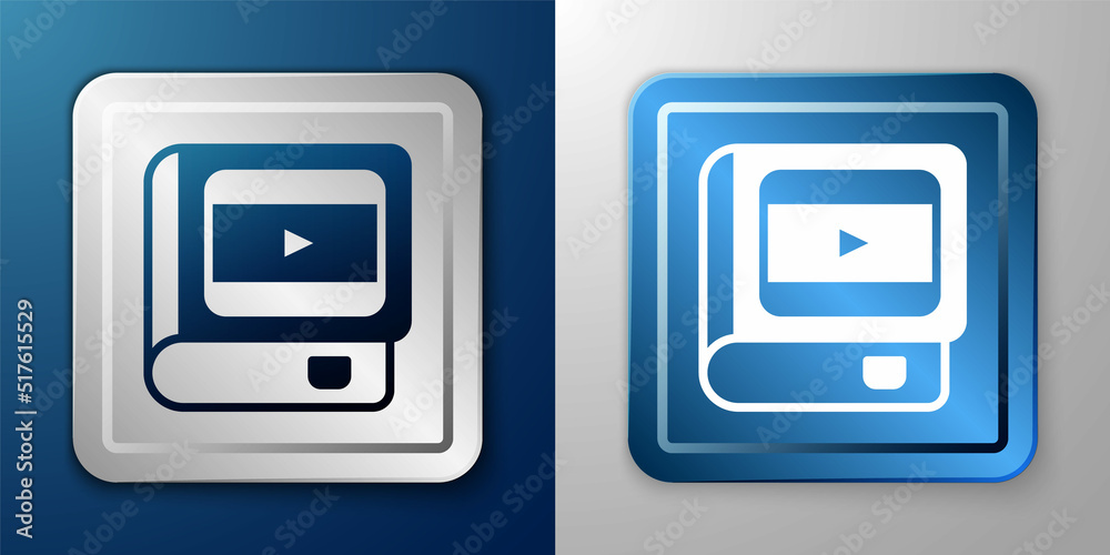 White Book about cinema icon isolated on blue and grey background. Silver and blue square button. Vector White Book about cinema icon isolated on blue and grey background. Silver and blue square button. Vector