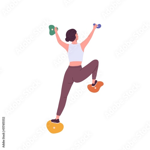 Woman climbing up in bouldering park. Girl climber training on stone wall, artificial mountain, gripping rocks with hands, legs. Sports exercise. Flat vector illustration isolated on white background