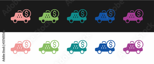 Set Taximeter device icon isolated on black and white background. Measurement appliance for passenger fare in taxi car. Vector