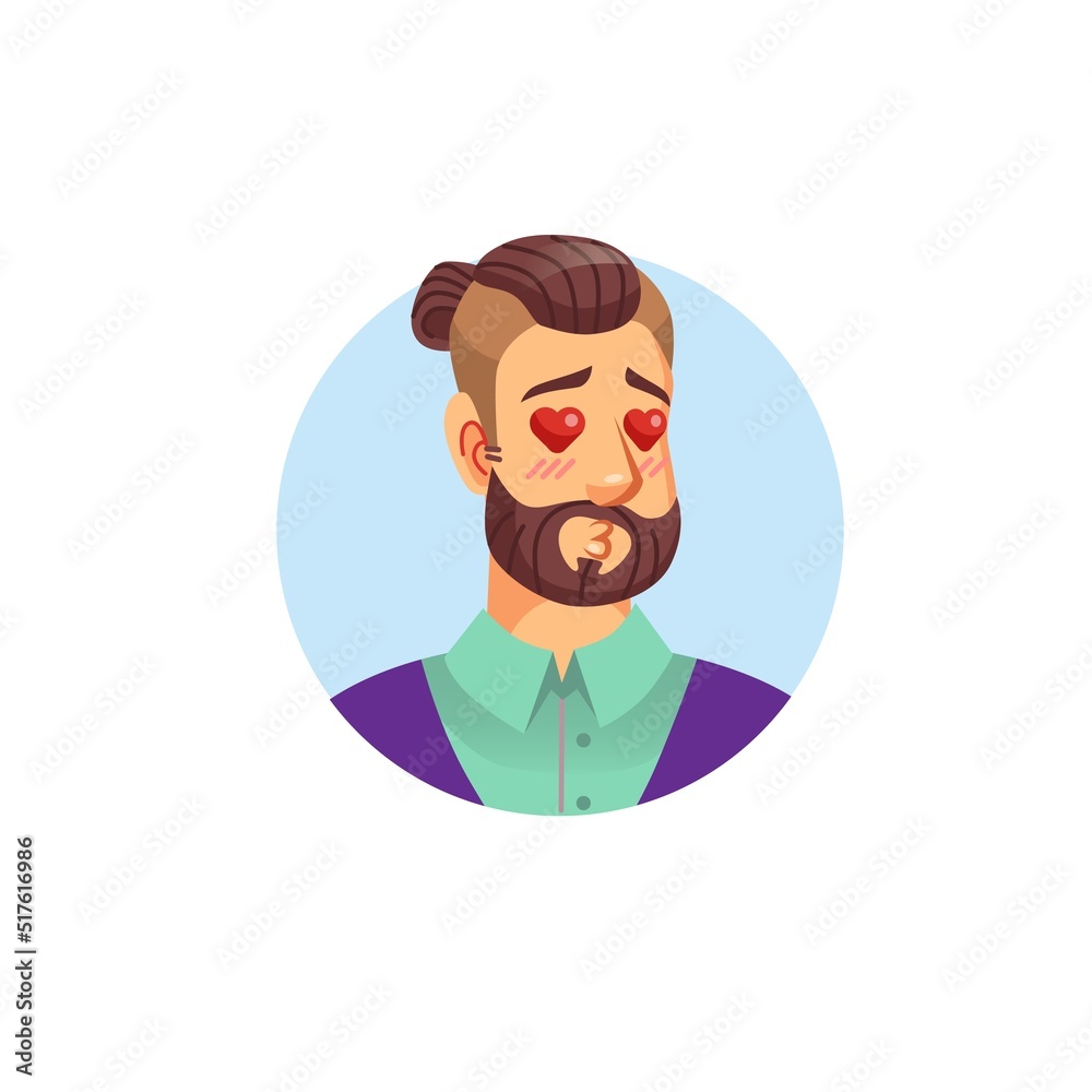 Vector flat cartoon young hipster man character head avatar,male face with loving expression emotion on empty background-fashion lifestyle,social media concept,web site banner ad design