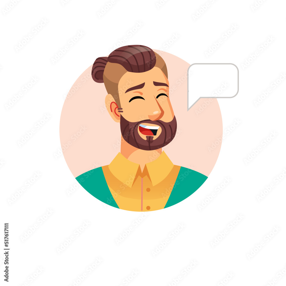 Fototapeta premium Vector flat cartoon young hipster man character head avatar,male face with closed eyes happily talking on empty background-fashion lifestyle,social media concept,web site banner ad design