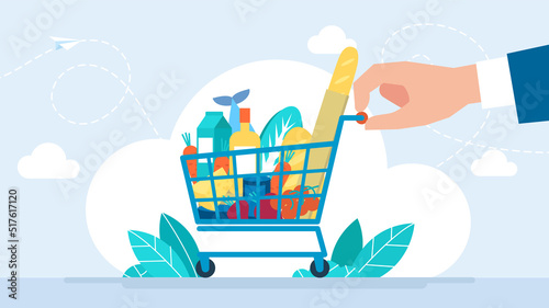 Generosity, hospitality, charity. Full shopping cart with fresh grocery products. Set of fresh, healthy, and natural products. Food store, shop, supermarket. Flat design. Vector business illustration